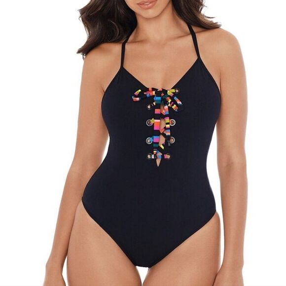 Skinny Dippers Miraclesuit Black Lacey Tie Breaker One-Piece Swimsuit Sz large - Picture 1 of 13